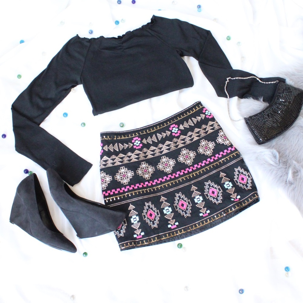 Miami Sequin & Bead Black Mini Skirt Size S